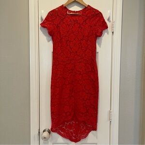 Vince Camuto Lace Midi Dress Women’s Size 6 Coral High Low Short Sleeve Cocktail